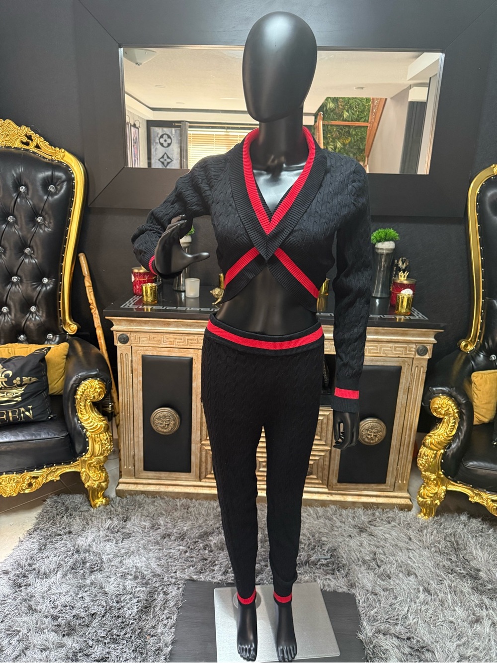 Black & Red Knit Crop Sweater and Jogger Set - Women